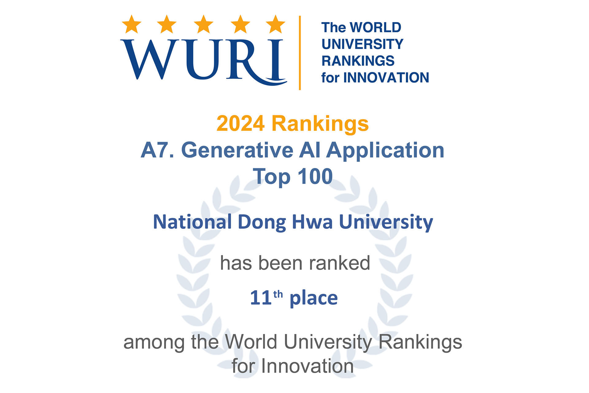 2024世界創新大學排名（WURI）東華大學「生成式AI應用」排名全球第11名(另開新視窗)